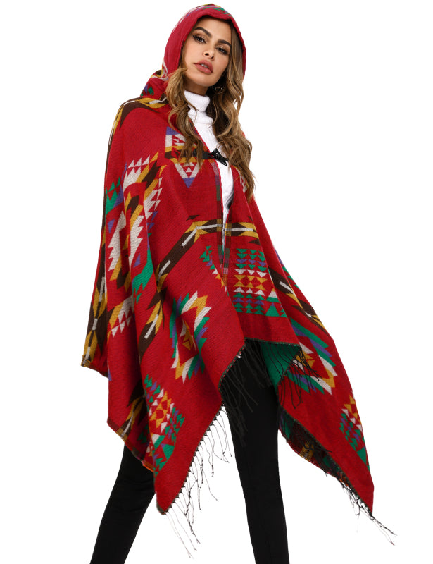 Women's Print or Plain Fringe Hooded Knit Cape Shawl - K - 2 Print patterns - 4 COLORS -