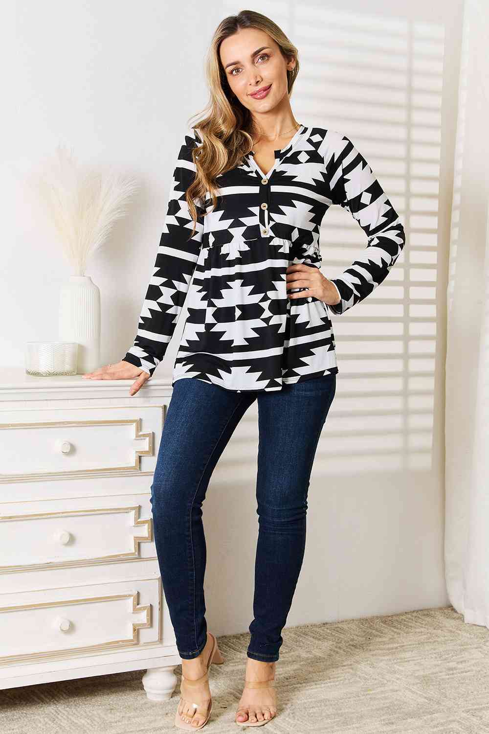 Heimish Full Size Geometric Notched Neck Long Sleeve Top - SIZES S THRU 3XL - T - 1 COLOR -