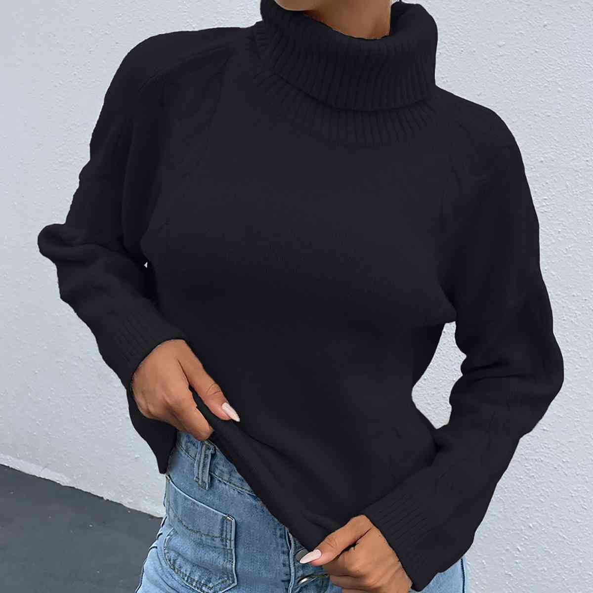 Turtleneck Dropped Shoulder Long Sleeve Sweater - T - 4 COLORS -