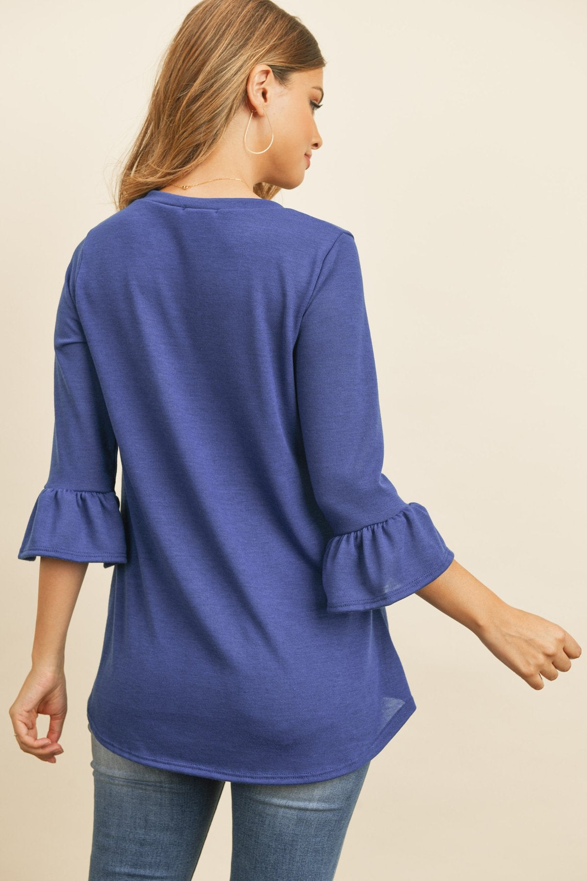 Riah Fashion - Solid Bell Sleeve V-Neck Top - 5 COLORS -