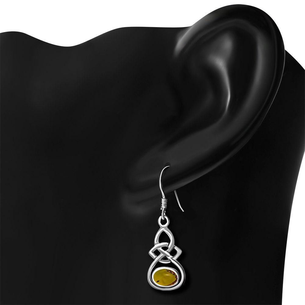 Creidne - Oval Baltic Amber Celtic Knot Silver Earrings -