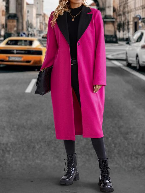 Collared Neck Buttoned Hot Pink Longline Coat - T - 1 COLOR -