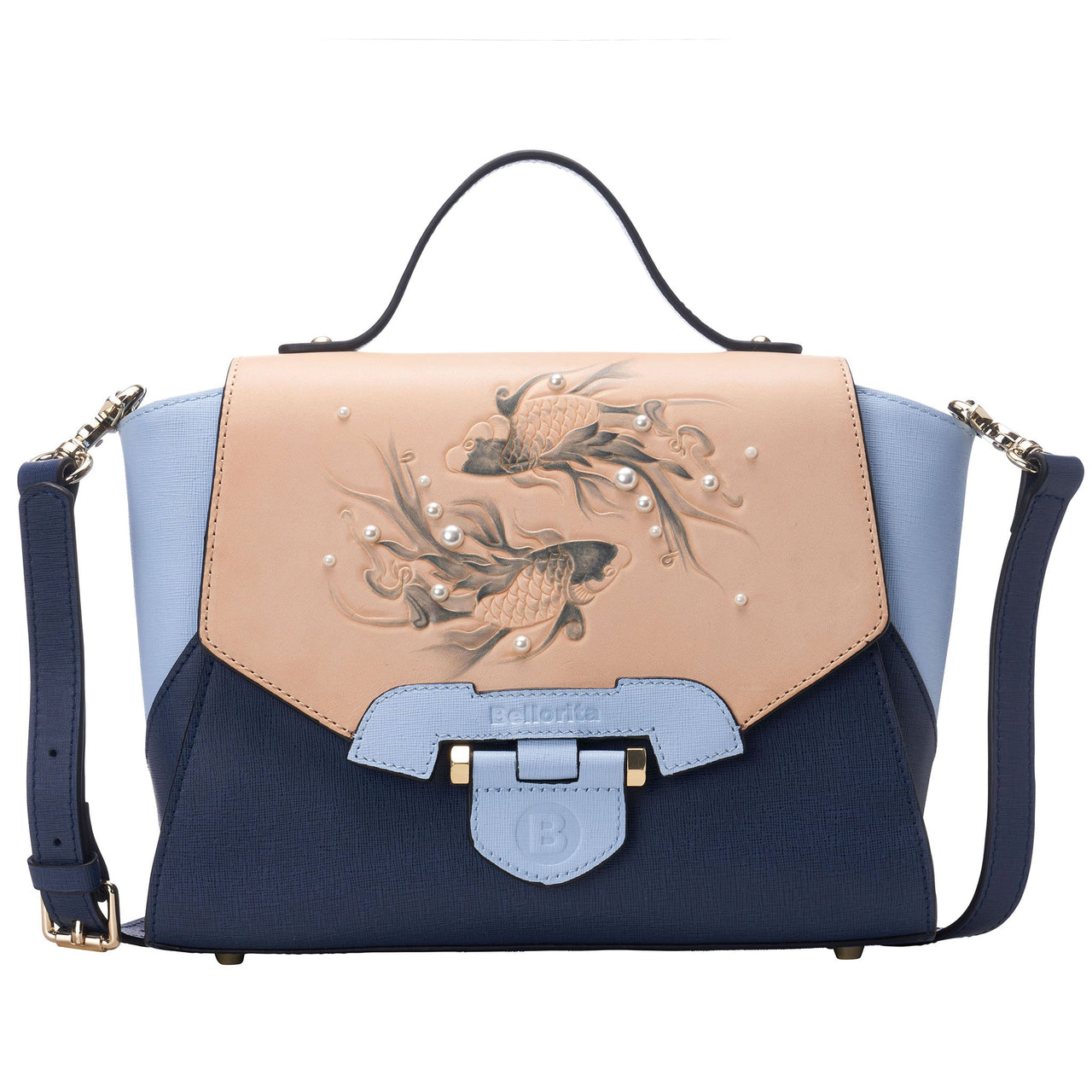 Bellorita - Koi Small Blue Satchel - Hand Carved and Painted - 1 COLOR -