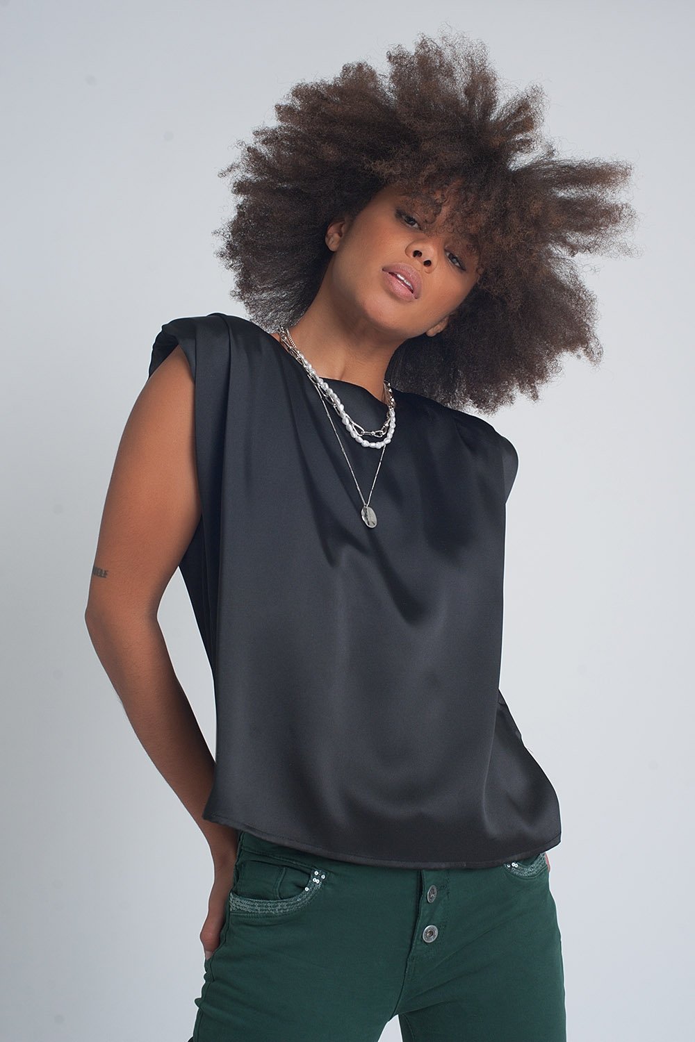 Q2 - Gathered Satin Shoulder Pad Sleeveless Top in Black - 1 COLOR -