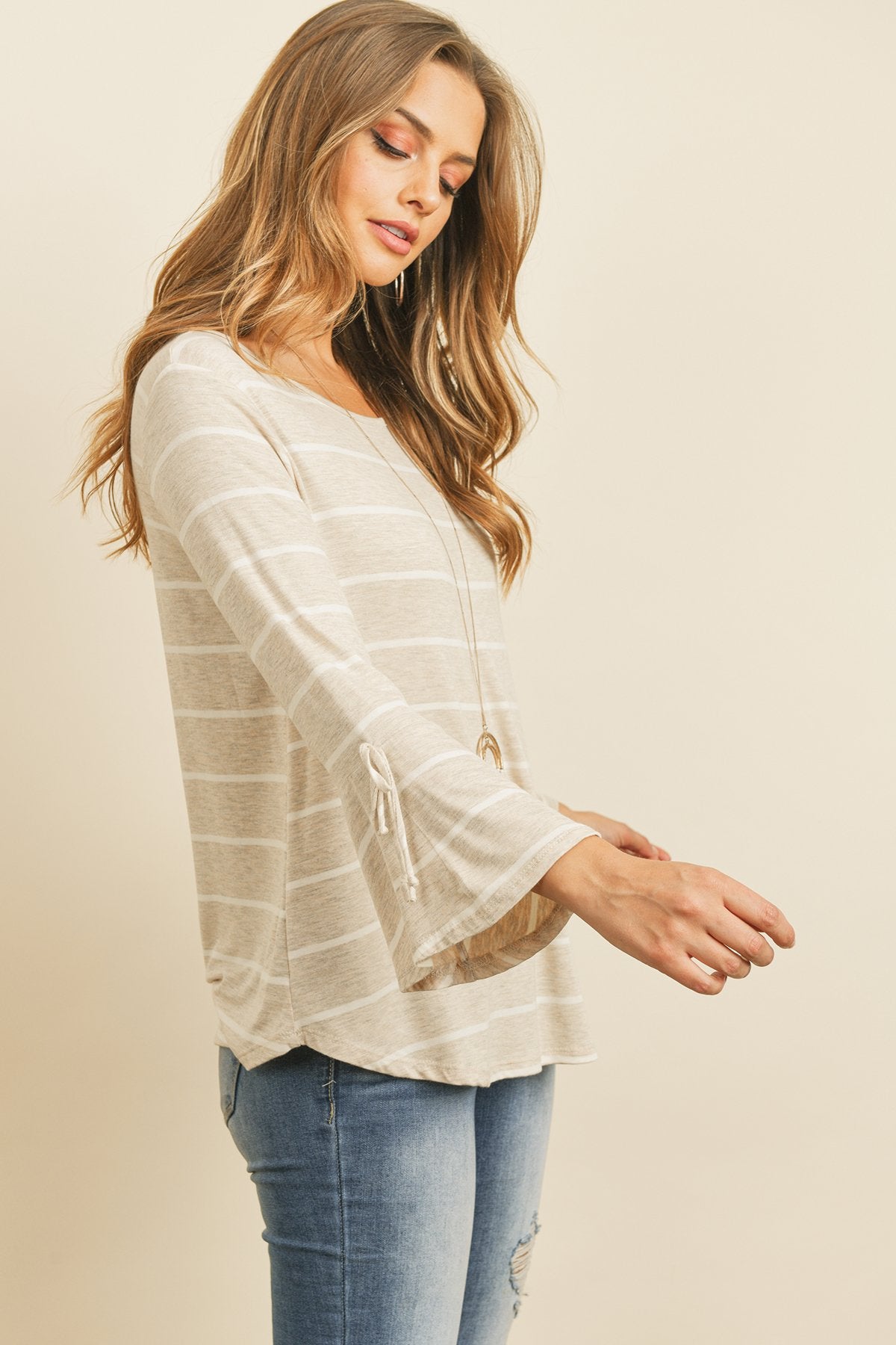 Riah Fashion - Stripe Flutter Sleeve Tie Top - 3 COLORS -