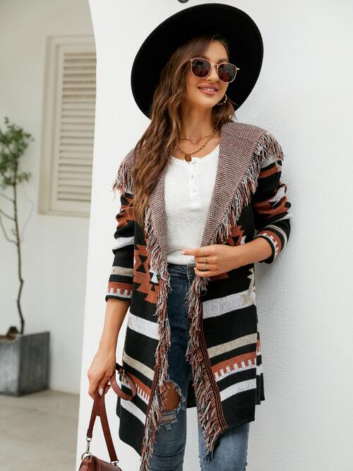 Fringe Geometric Hooded Long Sleeve Cardigan - T - 2 COLORS -