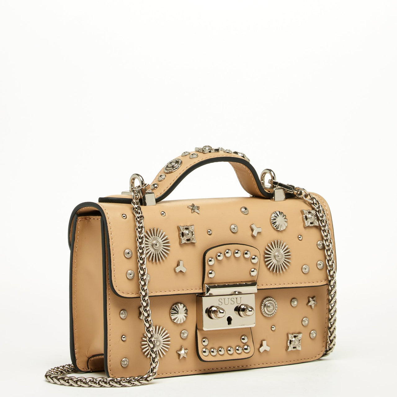 The Hollywood Leather Crossbody Studded Bag Beige -