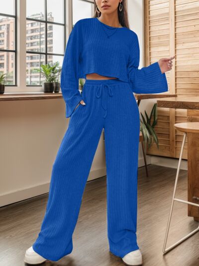 Ribbed Round Neck Top and Drawstring Pants Set - 2 PCS. - T - 7 COLORS -