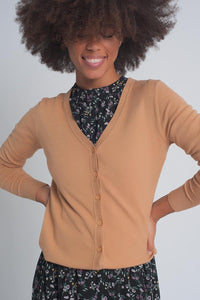 Thumbnail for Q2 - Button Front Cropped Knit Cardigan in Camel - 2 SIZES  - 1 COLOR -