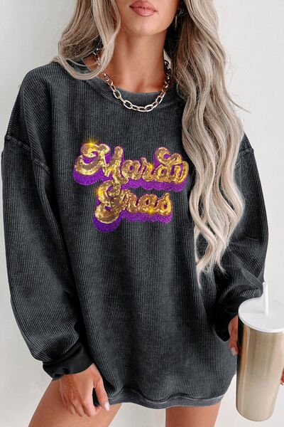 Sequin Mardi Gras Embroidered Round Neck Sweatshirt - T - 1 COLOR -