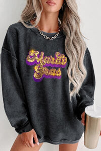 Thumbnail for Sequin Mardi Gras Embroidered Round Neck Sweatshirt - T - 1 COLOR -