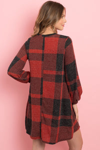 Thumbnail for Riah Fashion - Round Neck Puff Sleeved Plaid Knee Length Dress - 3 COLORS -