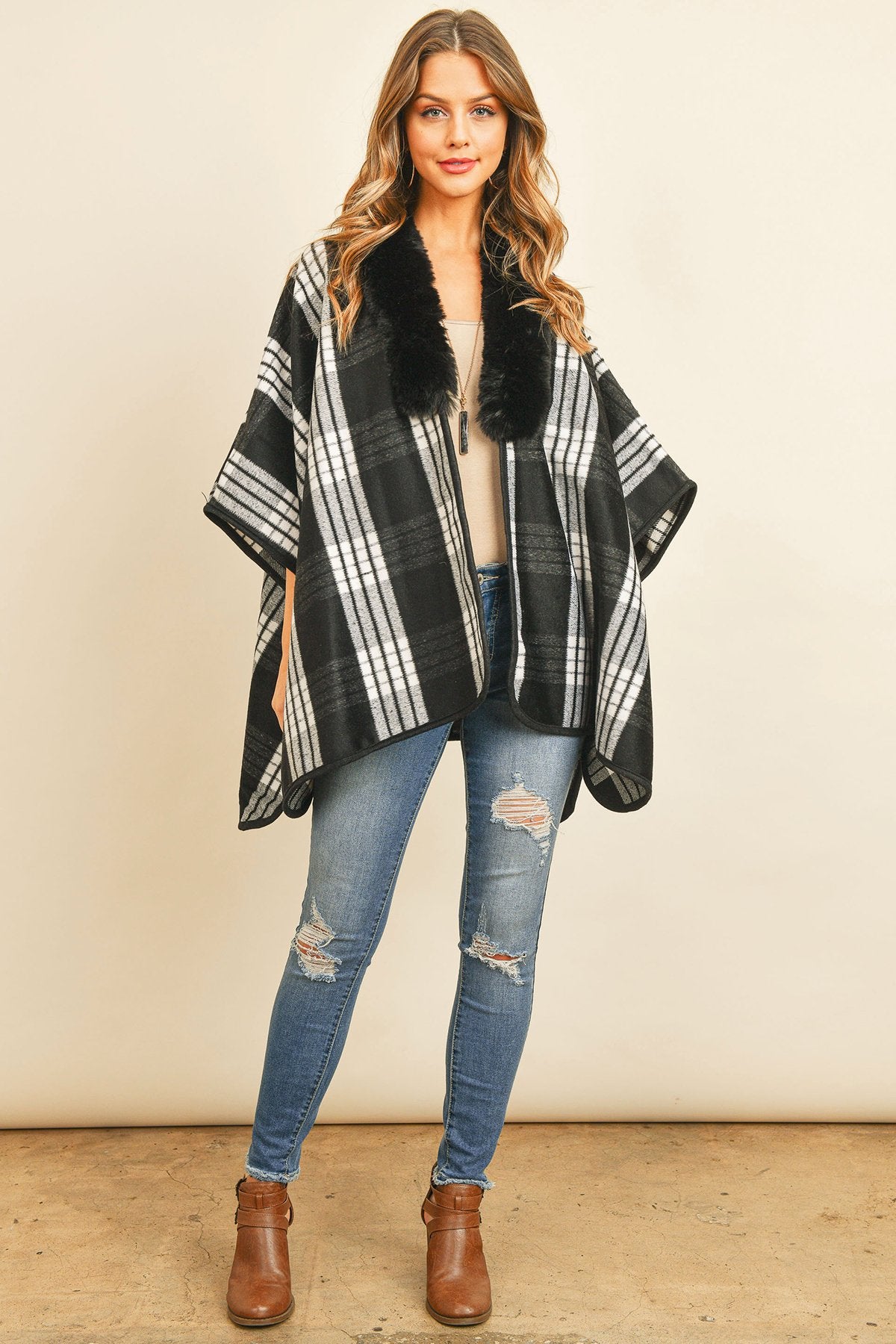 Riah Fashion - Plaid Fur Open Front Kimono -