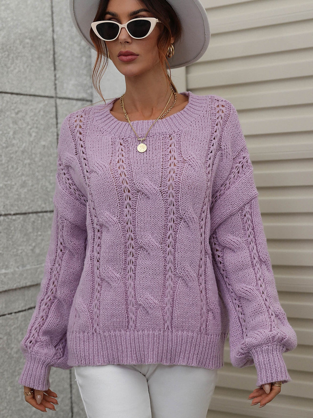 Woven Right Cable-Knit Openwork Round Neck Sweater - T - 6 COLORS -