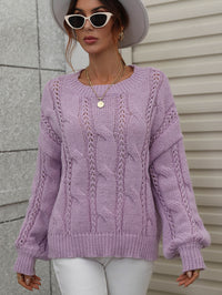 Thumbnail for Woven Right Cable-Knit Openwork Round Neck Sweater - T - 6 COLORS -