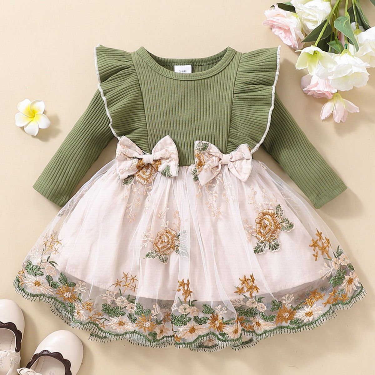 Girls Floral Bow Detail Ruffle Shoulder Tulle Dress - T - 5 SIZES - 1 COLOR -