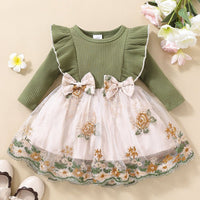 Thumbnail for Girls Floral Bow Detail Ruffle Shoulder Tulle Dress - T - 5 SIZES - 1 COLOR -