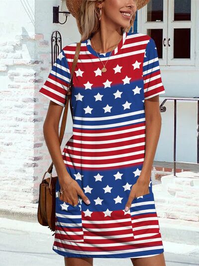 Pocketd US Flag Printed Short Sleeve Dress - T - 1 COLOR -