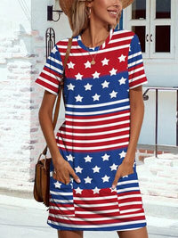 Thumbnail for Pocketd US Flag Printed Short Sleeve Dress - T - 1 COLOR -