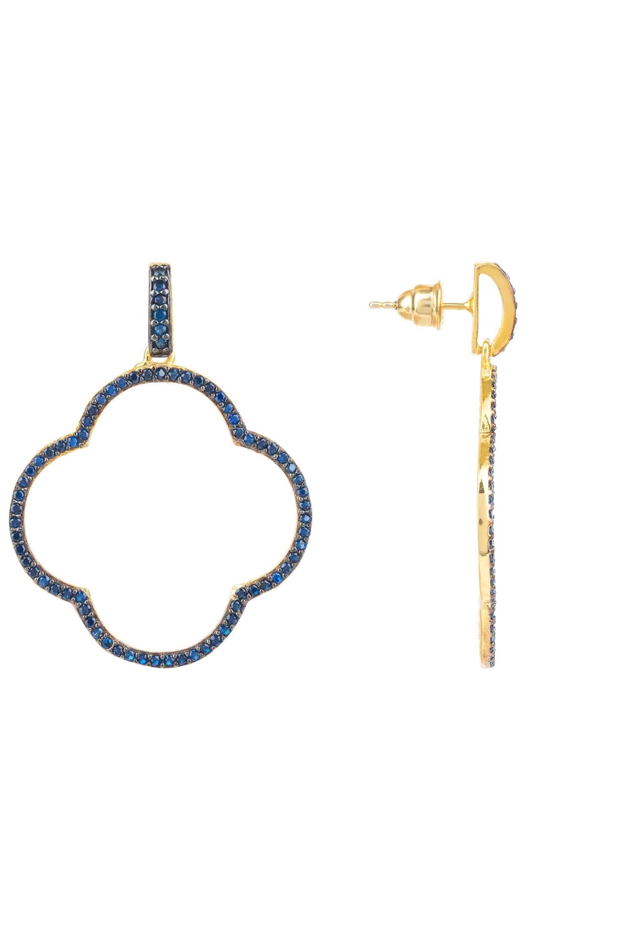 LATELITA - Open Clover Large Drop Earrings Gold Sapphire Blue Cz -