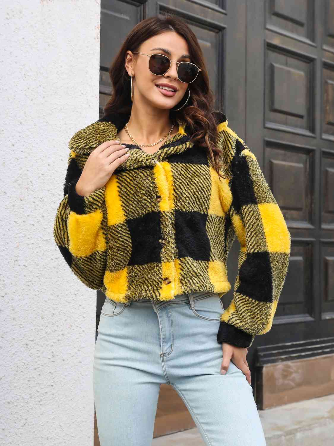 Plaid Dropped Shoulder Buttoned Jacket - T - 4 COLORS -