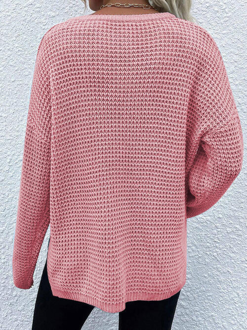 Notched Long Sleeve Sweater - T - 6 COLORS -