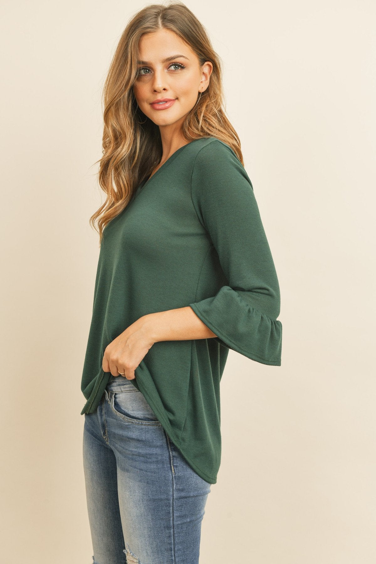 Riah Fashion - Solid Bell Sleeve V-Neck Top - 5 COLORS -