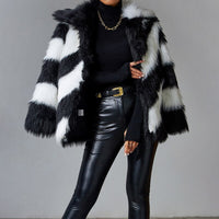 Thumbnail for Sharon Tatem - Black Faux Rabbit Fur Coat - Artificial Fur Stitching - Turn-Down Collar - Plush Over Coat -