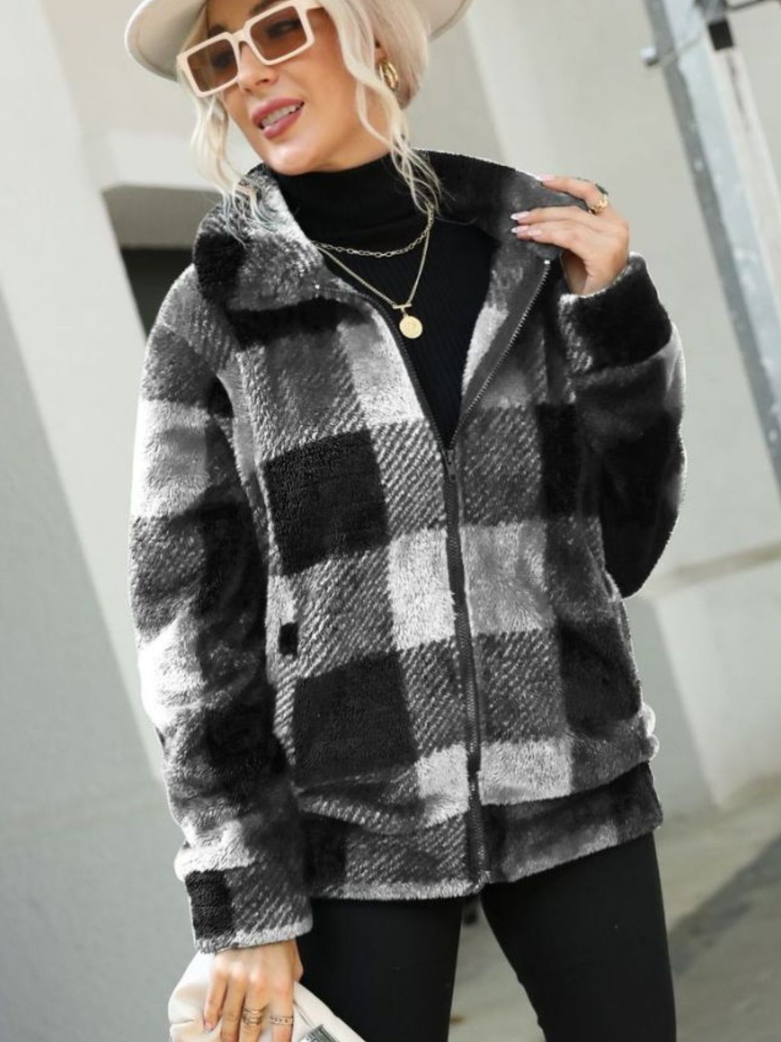 Plaid Zip-Up Collared Jacket - T - 3 COLORS -