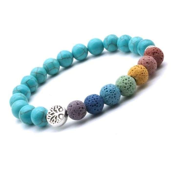 Tree of Life Seven Chakra and Turquoise Beads Lava Stone Bracelet -