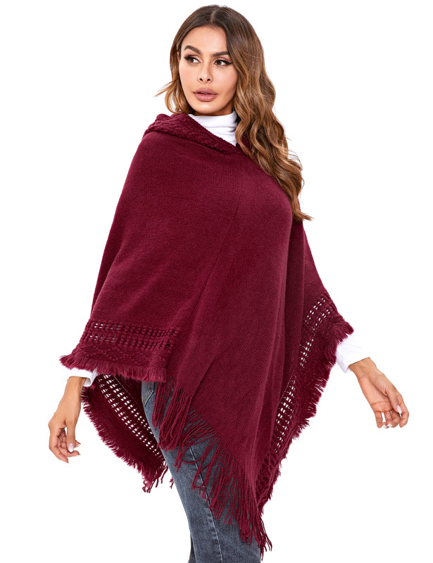 Women's Print or Plain Fringe Hooded Knit Cape Shawl - K - 2 Print patterns - 4 COLORS -