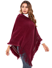 Thumbnail for Women's Print or Plain Fringe Hooded Knit Cape Shawl - K - 2 Print patterns - 4 COLORS -