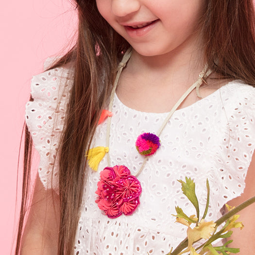 SAND BY SAYA N.Y. - Pink Flower Embellished Kids Pom Pom Necklace - 1 COLOR -