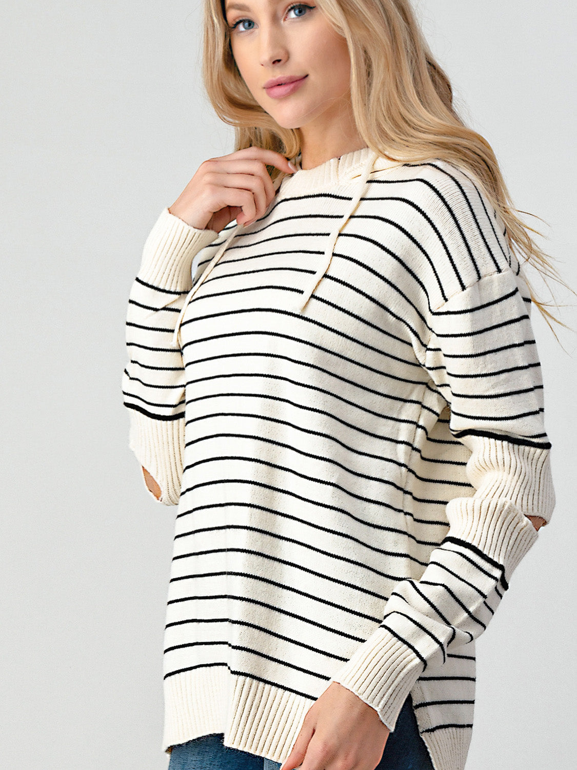 Striped Cutout Slit Hooded Sweater - T - 1 COLOR -