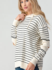 Thumbnail for Striped Cutout Slit Hooded Sweater - T - 1 COLOR -