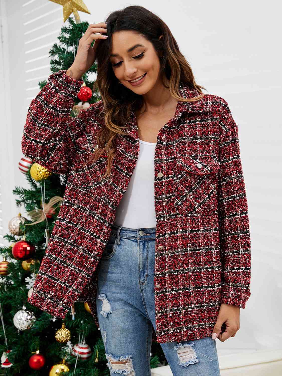 Plaid Collared Neck Button Front Jacket - T - 2 COLORS -