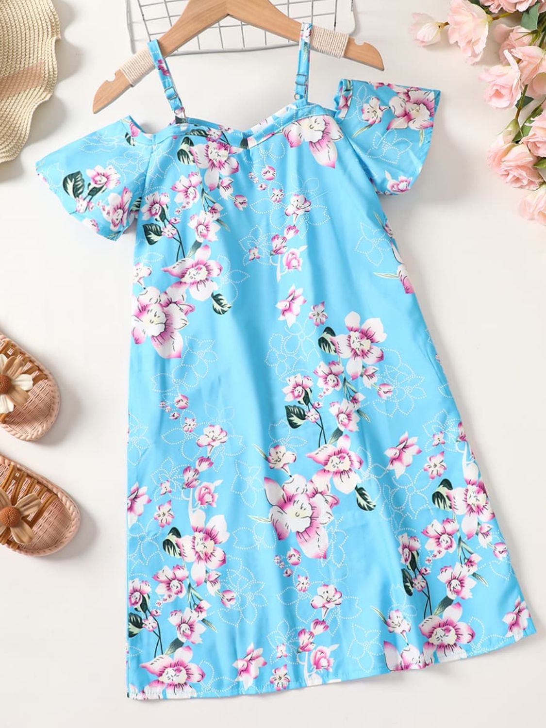 Girls Floral Cold-Shoulder Flutter Sleeve Dress - T - 5 SIZES - 1 COLOR -