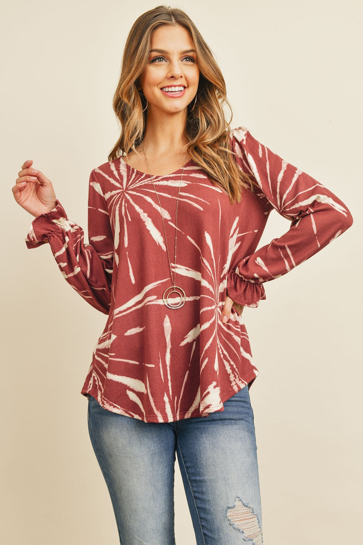 Riah Fashion - Tie Dye Ruffle Sleeve V-Neck Round Hem Top - 2 COLORS -