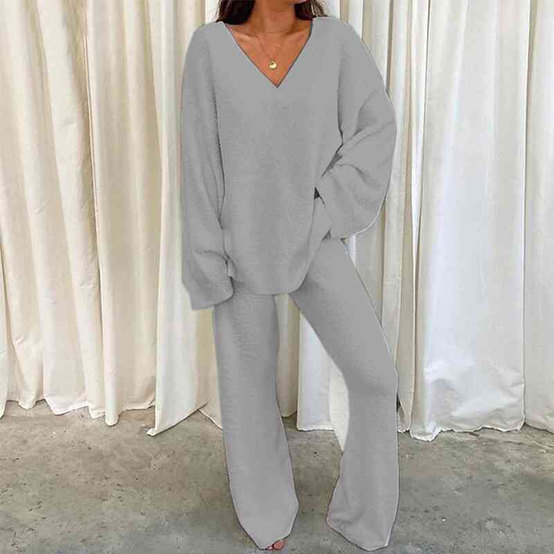 V-Neck Long Sleeve Top and Long Pants Set - 2 PCS. - T - 5 COLORS -