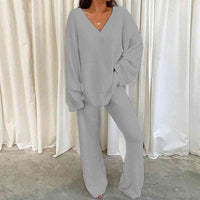 Thumbnail for V-Neck Long Sleeve Top and Long Pants Set - 2 PCS. - T - 5 COLORS -