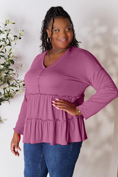 Double Take Half Button Long Sleeve Ruffle Hem Blouse - SIZES S THRU 3XL - T - 7 COLORS -