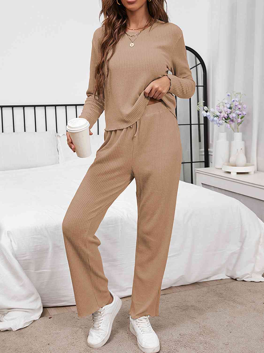 Round Neck Long Sleeve Top and Drawstring Pants Lounge Set - 2 PCS. - T - 3 COLORS -