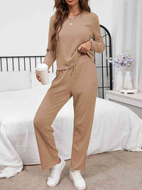 Thumbnail for Round Neck Long Sleeve Top and Drawstring Pants Lounge Set - 2 PCS. - T - 3 COLORS -