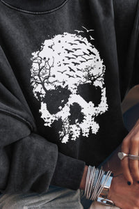 Thumbnail for Round Neck Dropped Skull Graphic Sweatshirt - T - 1 COLOR -