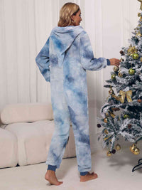 Thumbnail for Zip Front Long Sleeve Hooded Teddy Lounge Jumpsuit - T - 1 COLOR/3 TIE DYES -