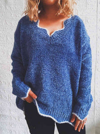 Thumbnail for Notched Dropped Shoulder Long Sleeve Sweater - T - 5 COLORS -