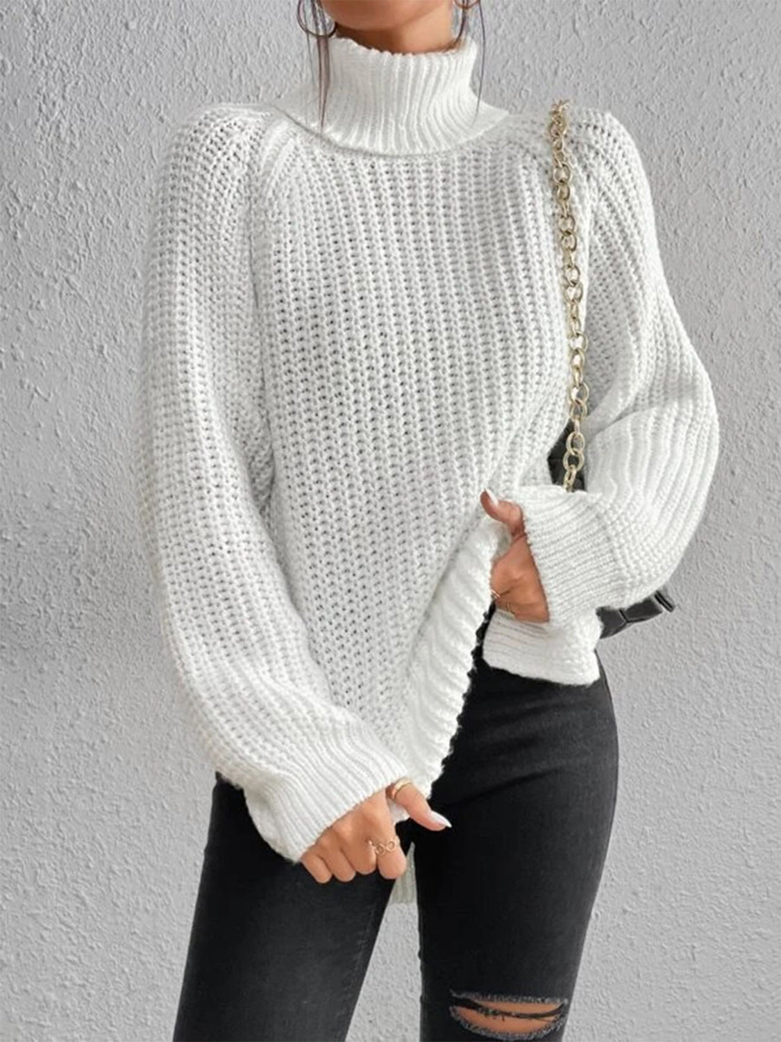 Full Size Turtleneck Rib-Knit Slit Sweater - T - 12 COLORS -