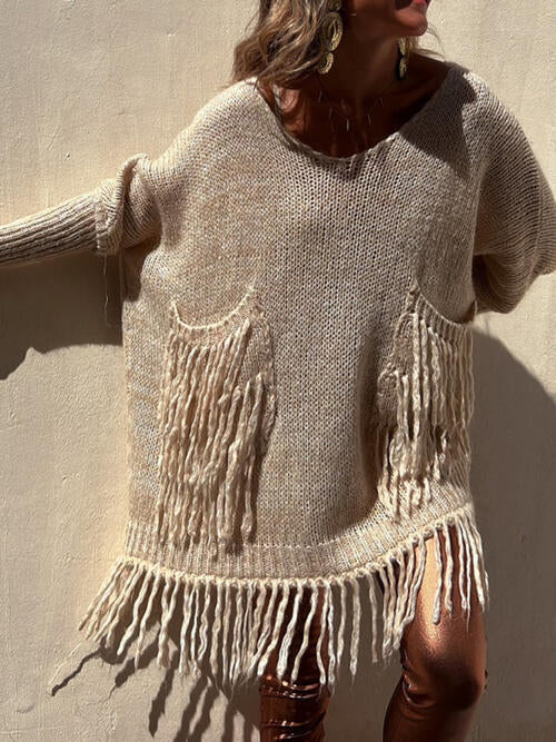 Fringe Detail Long Sleeve Sweater with Pockets - T - 3 COLORS -