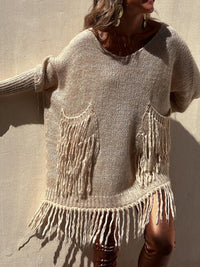 Thumbnail for Fringe Detail Long Sleeve Sweater with Pockets - T - 3 COLORS -