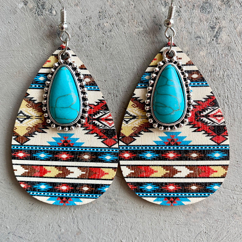 Turquoise Teardrop Shape Wooden Dangle Earrings - T - 3 STYLES -